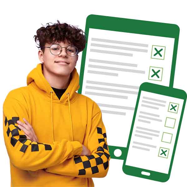 Two teens with surveys illustrations in background