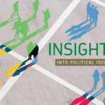 detail of front cover, Insights 2024 - shows human figures in various colours (blue, red, green, yellow), denoting political allegiance, standing along or in groups on a grid divided into four, with some clearly in squares, and some on lines