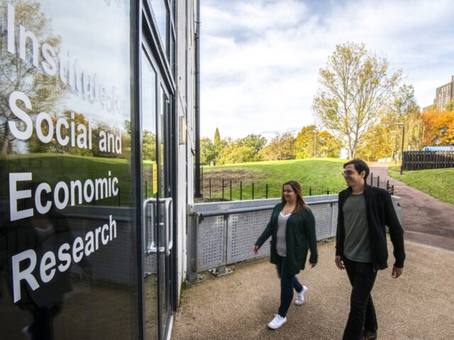 Two students entering the ISER building